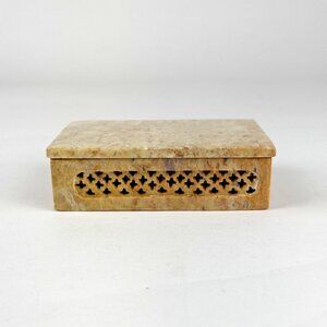 Artisan Hand Carved Stone Cricket Trinket with Lid Box Made India 4" x 3"